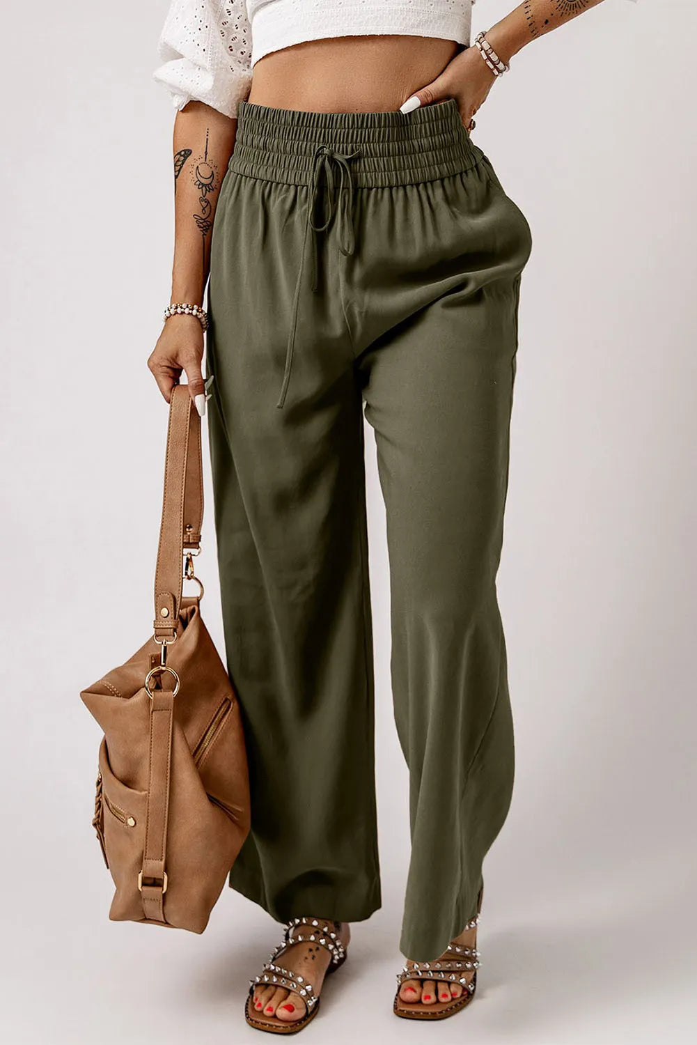 Pantalones de pierna ancha y cintura alta fruncidos