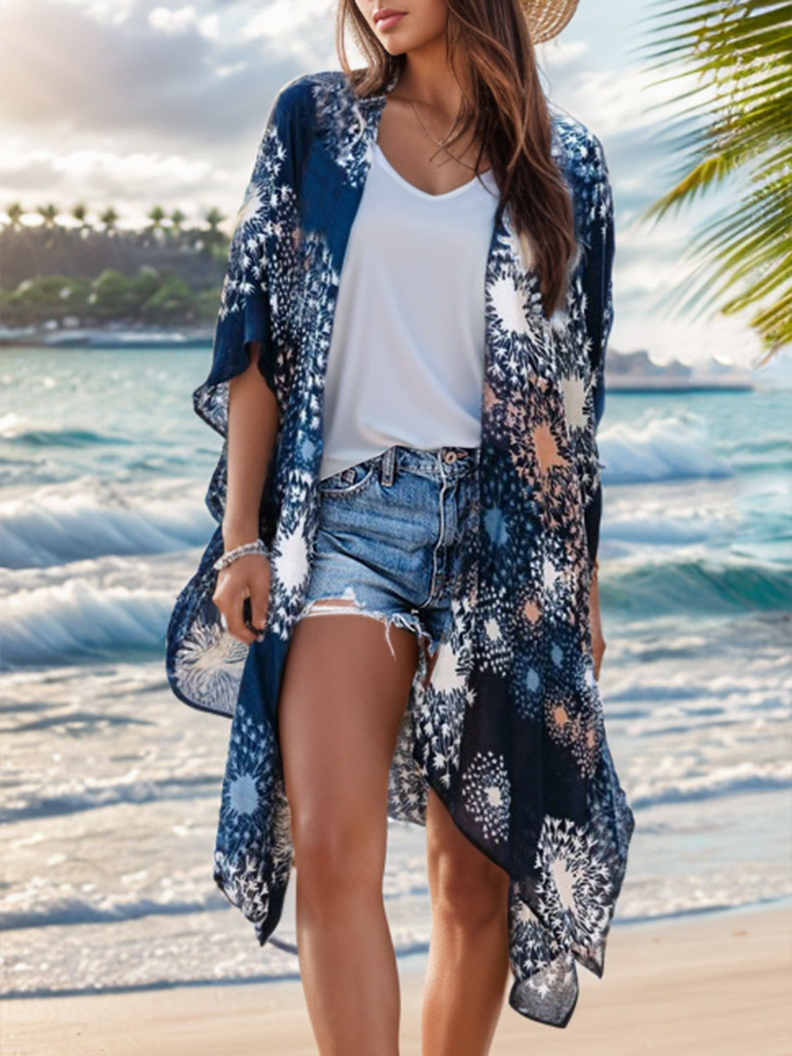 Vestido playero abierto con estampado frontal