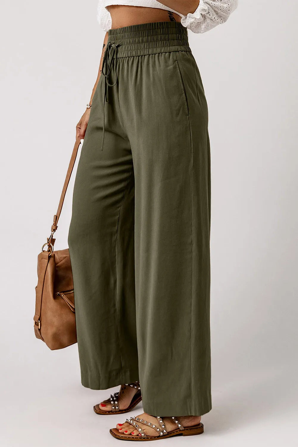 Pantalones de pierna ancha y cintura alta fruncidos