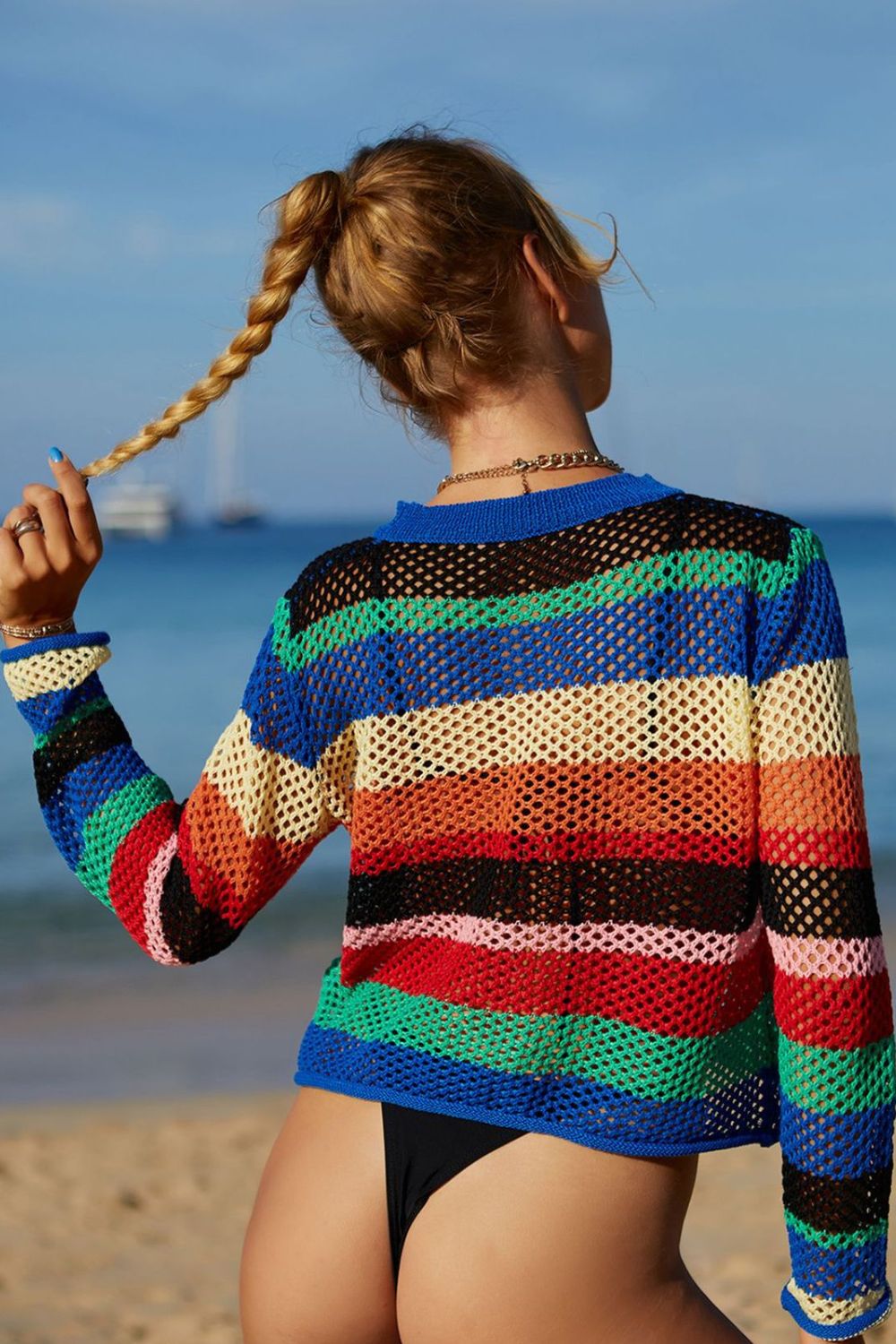 Vestido playero de manga larga calado con rayas de arcoíris