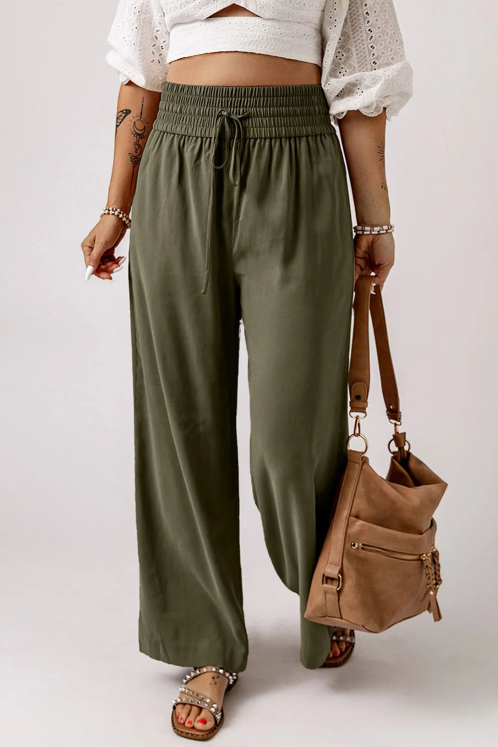 Pantalones de pierna ancha y cintura alta fruncidos