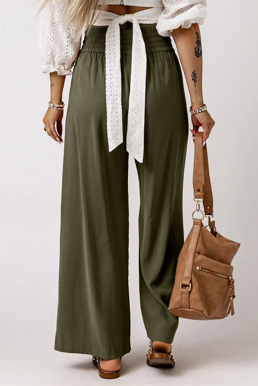 Pantalones de pierna ancha y cintura alta fruncidos