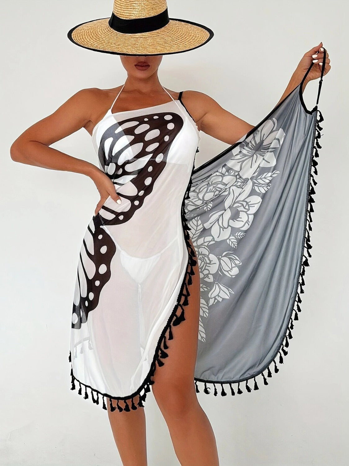 Vestido playero con tirantes finos y estampado de borlas