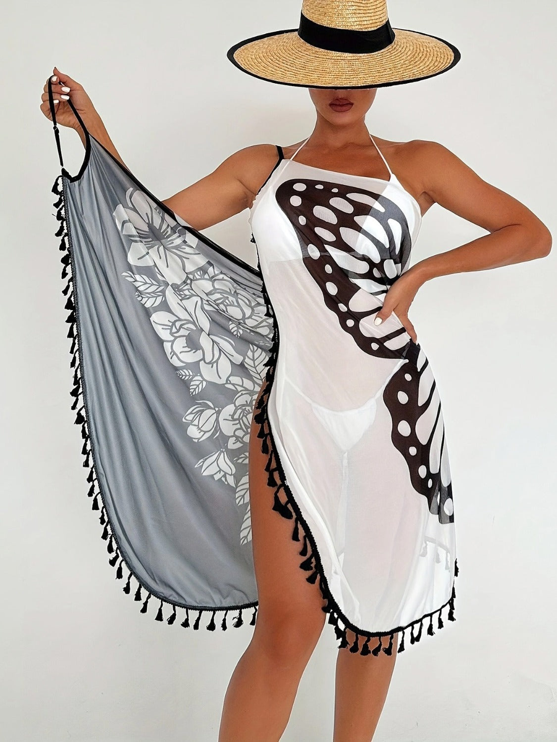 Vestido playero con tirantes finos y estampado de borlas