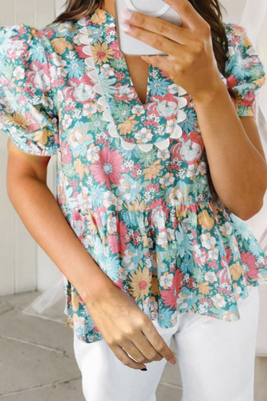 Printed Notched Short Sleeve Blouse